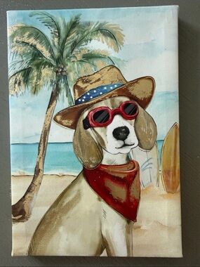 Beach Dog Canvas Art Print - Red Bandana, Tan Hat